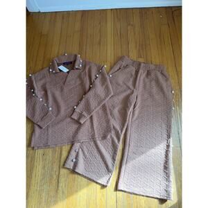 Simply Southern Sweater Pants Set Womens Small Brown Quilted Pearl Rhinestone
